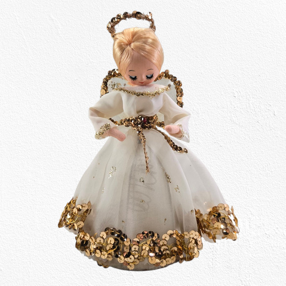 Vintage 1960s Japan Angel Tree Topper Gold Sequin Tulle Dress 8” Christmas Decor - Picture 1 of 10